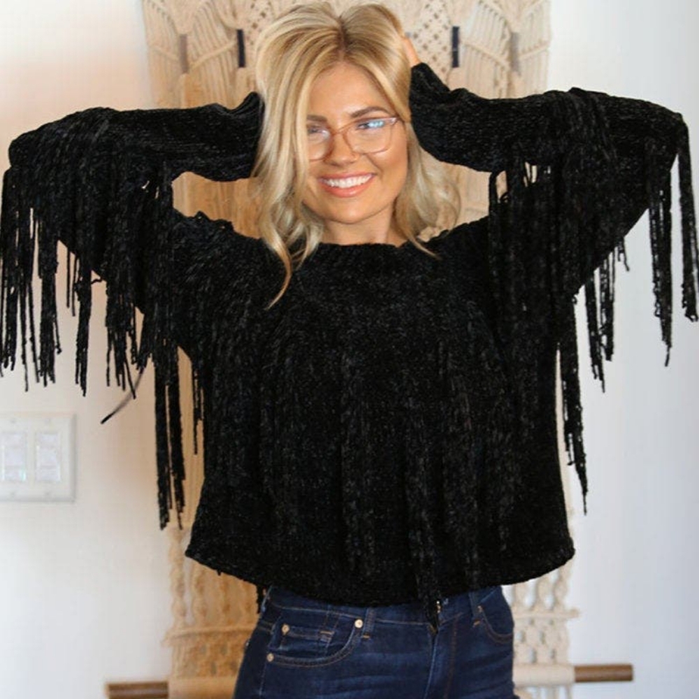 Angie Black Tassle Knit Velvet Sweater Size Large